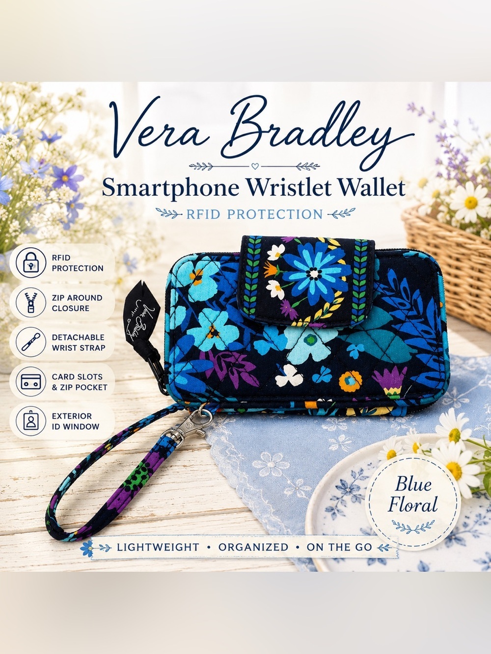 Vera Bradley RFID Smartphone Wristlet Blue Floral Zip Around